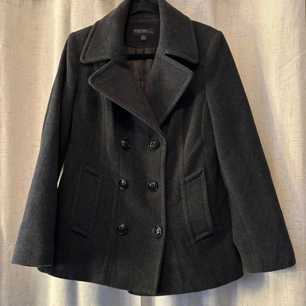 Jason Kole Dark Gray Women's Wool Blend Pea Coat, Size‎ S.